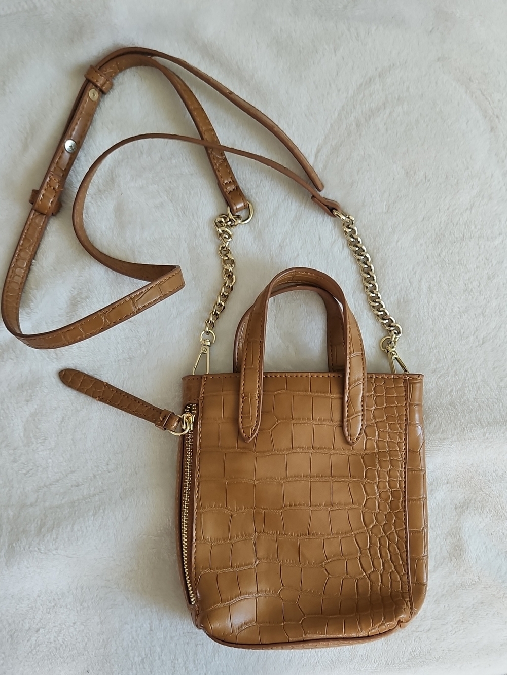 INC International Concepts Croc-Embossed Mini Bag in Tan with Gold Chain.